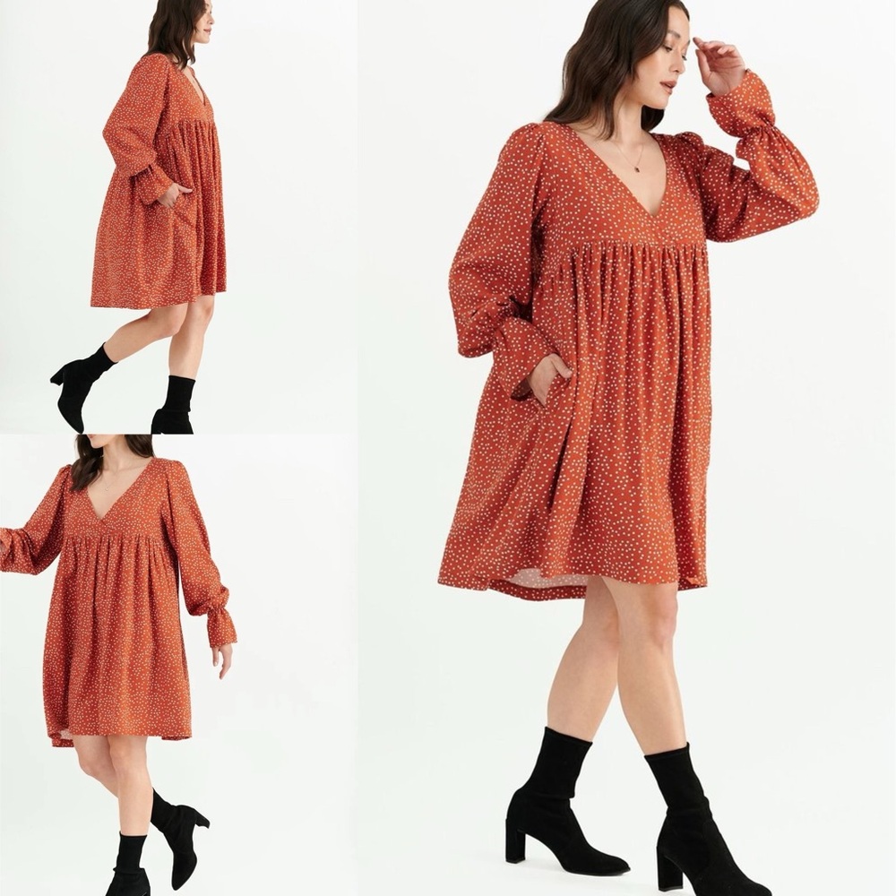 Beautiful Rust Polka V-Neck Mini Dress 2X - Picture 2 of 8